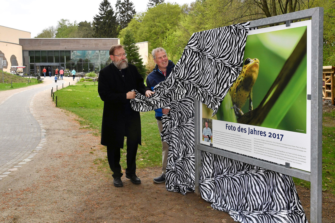 Zoodirektor Udo Nagel enthüllt gemeinsam mit dem Sieger Dittmar Brandt das Foto des Jahres 2017 (Foto: Joachim Kloock)