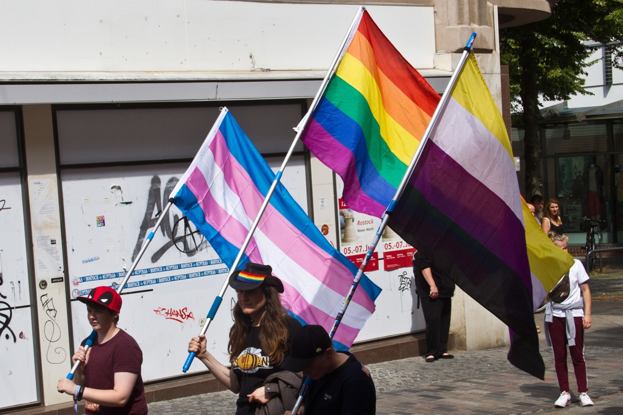 Transgender-, Regenbogen und Non-binary-flaggen auf dem CSD Rostock