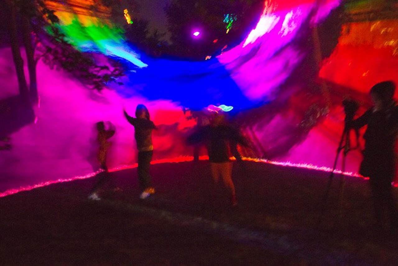 Aufgeregt und freudig sprangen Kinder durch die Lichteffekte der Lasershow. Für die Fotografen war der Rhododendrenhain in der Lichtklangnacht ein willkommenes Experimentierfeld.