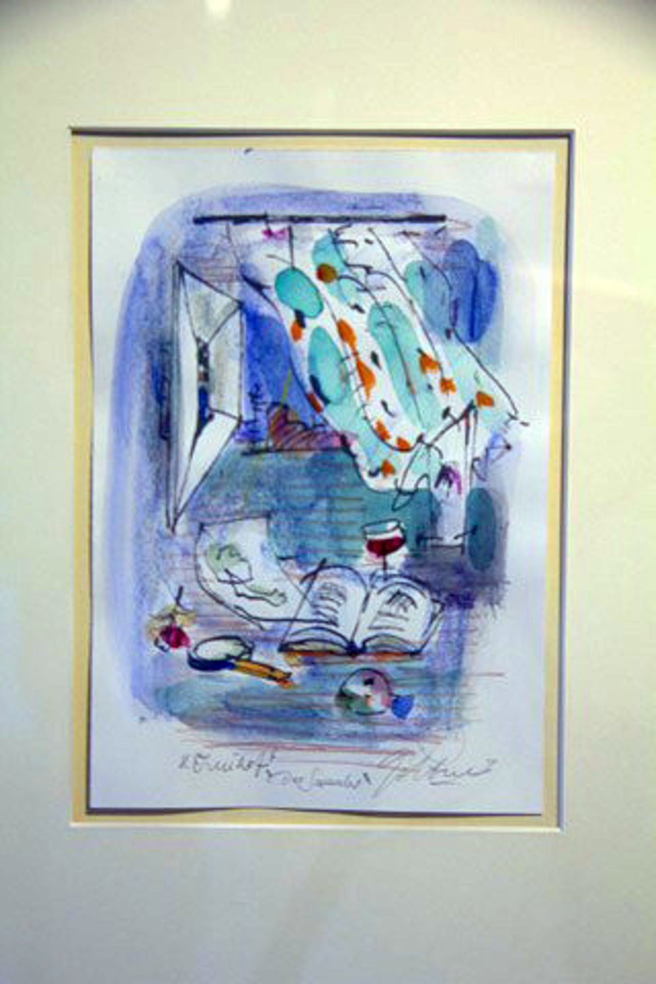 "Der Sammler" Aquarell, Farbstift über Siebdruck von Dieter Goltzsche