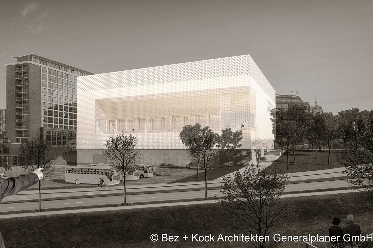 Theaterneubau Rostock - 3. Platz, Ansicht vom Stadthafen (Entwurf: Bez + Kock Architekten Generalplaner GmbH, Stuttgart)