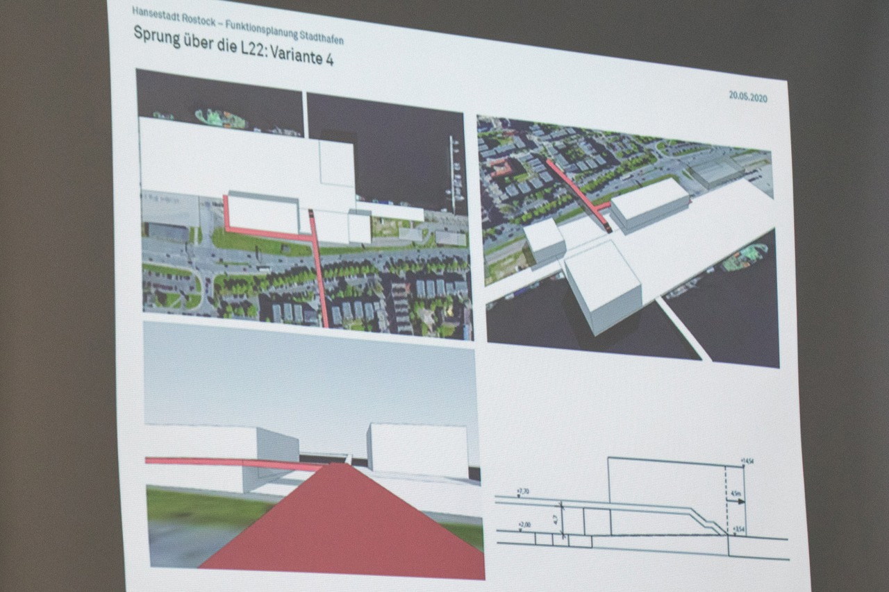 Die Rampe für die Brücke über die L22 „Am Strande“ könnte um die Markthalle im Stadthafen herumgeführt werden