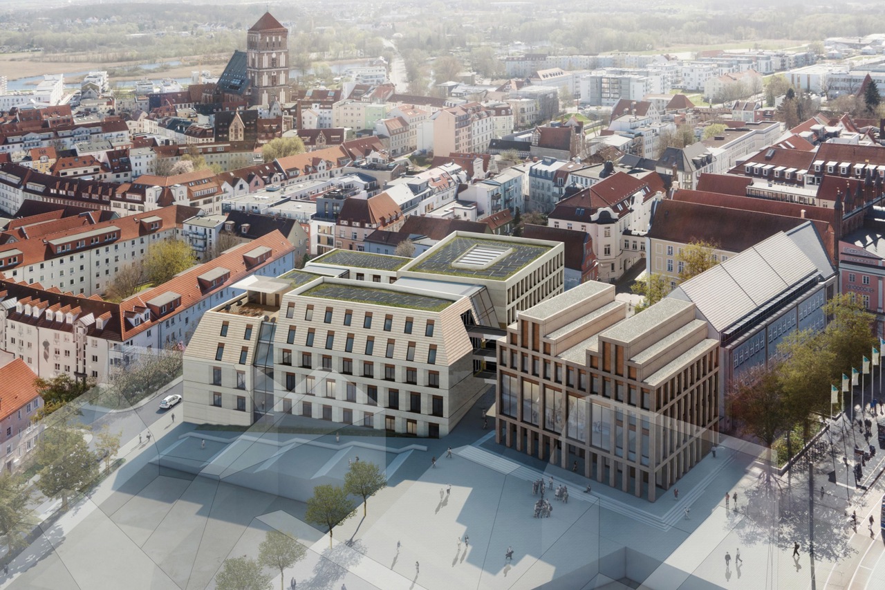 Blick auf die beiden Neubauten für die Rathausweiterung in Rostock: Haus C („Doppelgiebelhaus“, rechts) und Haus D (links daneben) (Visualisierung: MHB Architekten + Ingenieure)