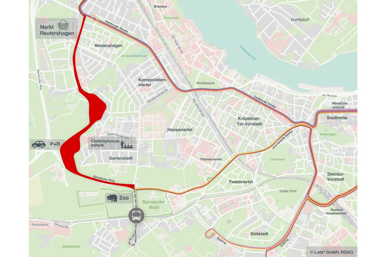 Korridor für die geplante Straßenbahnerweiterung vom Zoo nach Reutershagen (Quelle: Lots GmbH/RSAG)