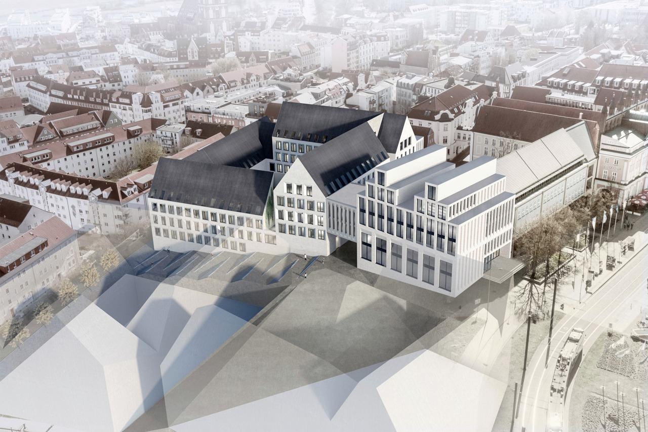 Entwurf des Berliner Büros der gmp Architekten von Gerkan, Marg und Partner für den Rathausanbau in Rostock (3. Platz)