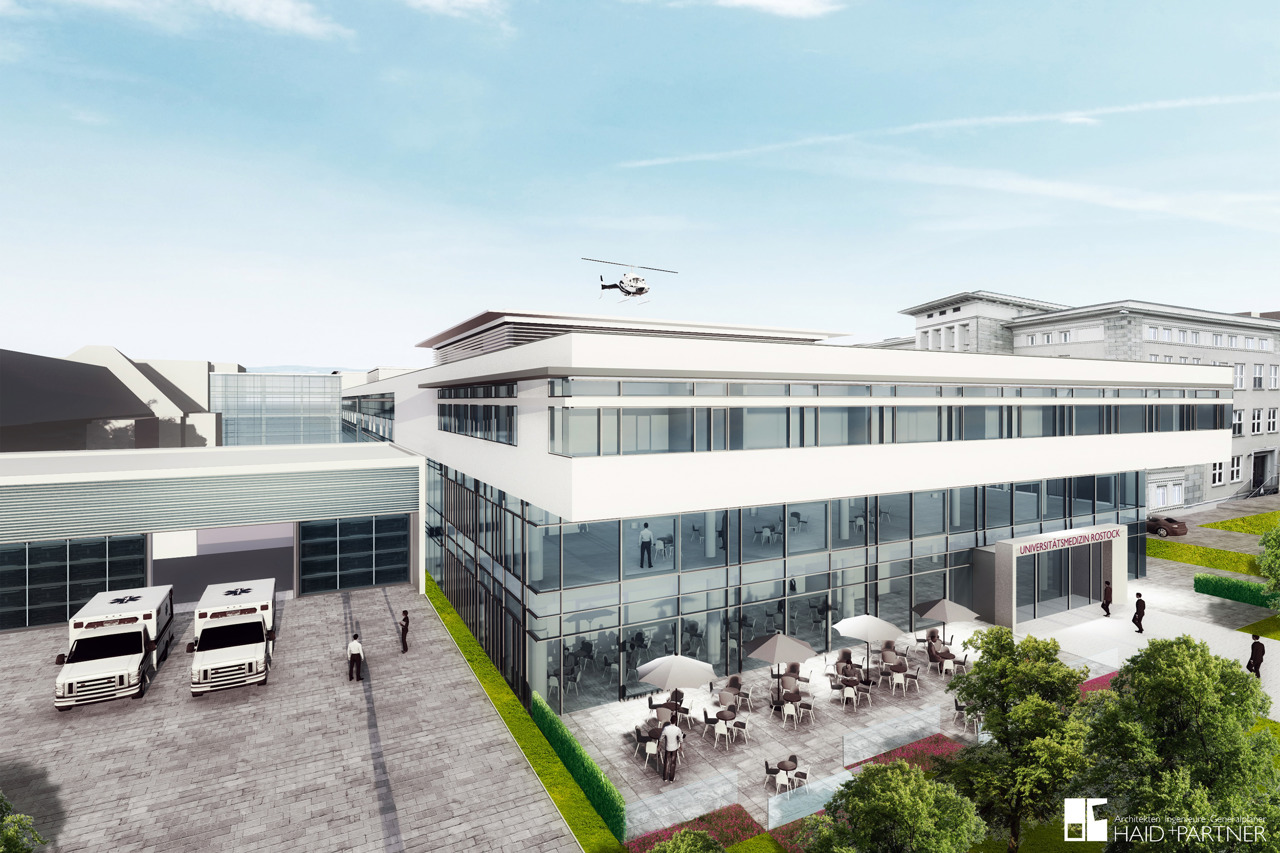 Künftige Ansicht des ZMF-Neubaus der Universitätsmedizin Rostock (Quelle: Haid + Partner GmbH Architekten + Ingenieure, Nürnberg)