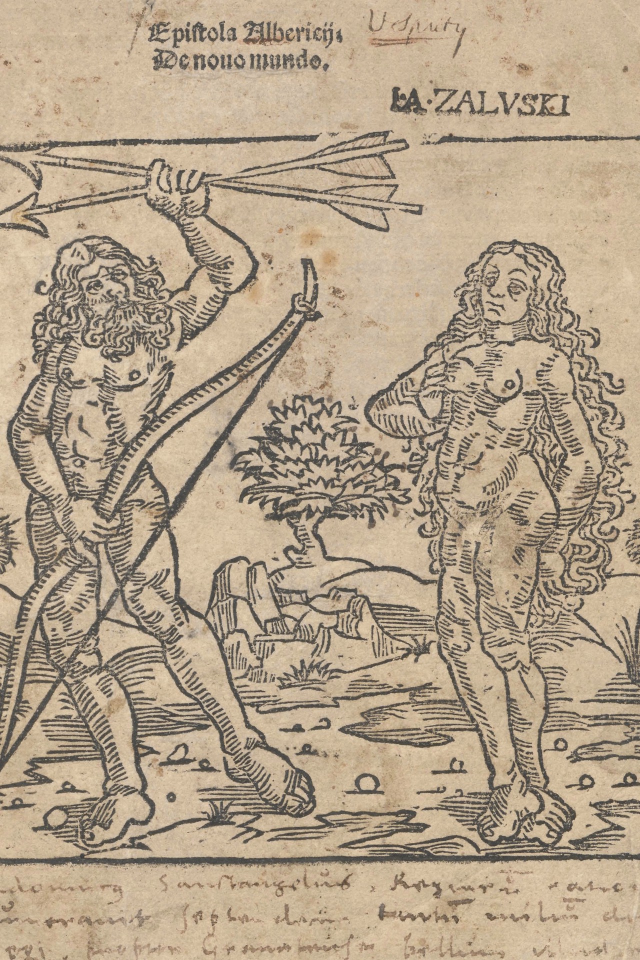 Der Titelholzschnitt zeigt Bewohner der Neuen Welt, einen Mann mit Pfeilen und Bogen in der Hand und eine Frau. (Foto: Universitätsbibliothek Rostock)