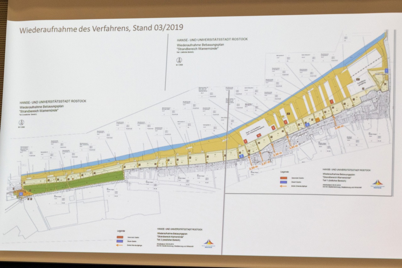B-Plan-Entwurf für den Strand Warnemünde - auf die beiden Dauergastronomiestandorte an der Promenade (kleine blaue Punkte) soll vorerst verzichtet werden
