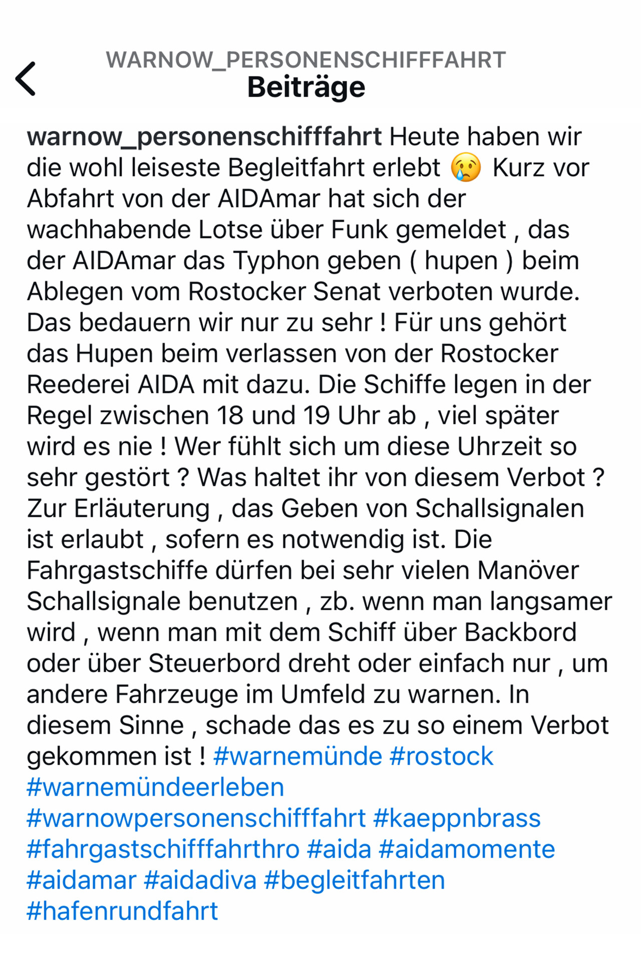 Beitrag der Warnow-Personenschifffahrt zum Typhon-Verbot in Warnemünde auf Instagram