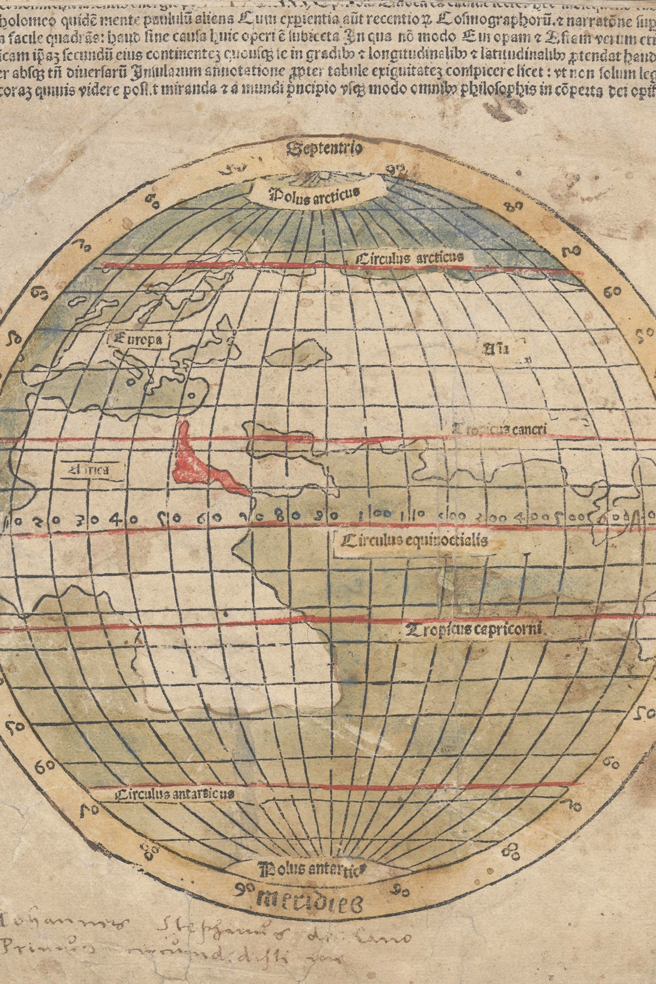 Als einzige Ausgabe des Mundus Novus enthält das Rostocker Exemplar als ganzseitige Illustration eine handkolorierte Weltkarte nach dem antiken Geographen Claudius Ptolemäus. Ein sechszeiliger Textabschnitt über der Karte vergleicht das antike Wissen von Ptolemäus mit den neuen Erkenntnissen der Forschungsreise Vespuccis. (Foto: Universitätsbibliothek Rostock)