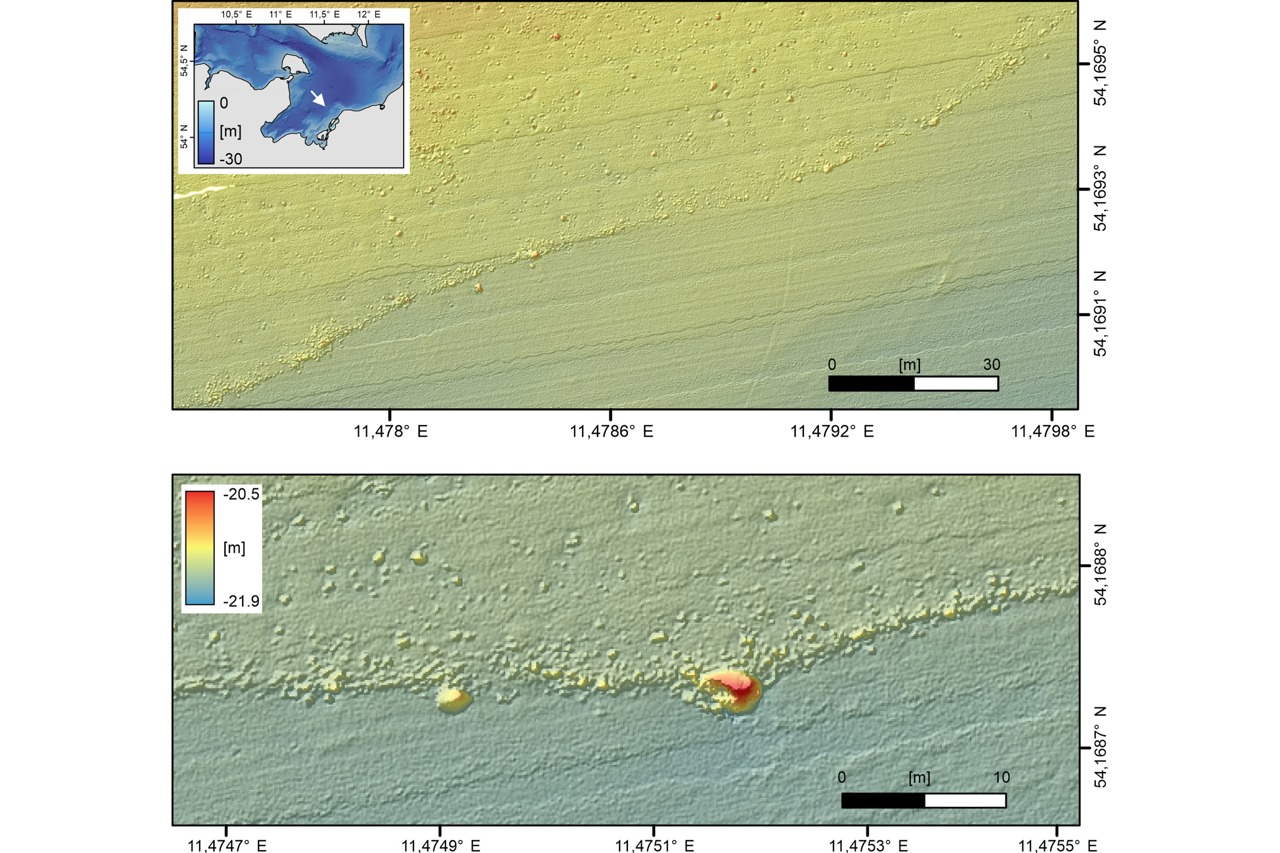 Hochaufgelöste bathymetrische Daten (aufgenommen mit autonomem Unterwasserfahrzeug) entschlüsseln die detaillierte Struktur des Steinwalls. Das untere Bild zeigt, wie sich die Ausrichtung des Walls bei dem größten, nicht tragbaren Stein ändert.