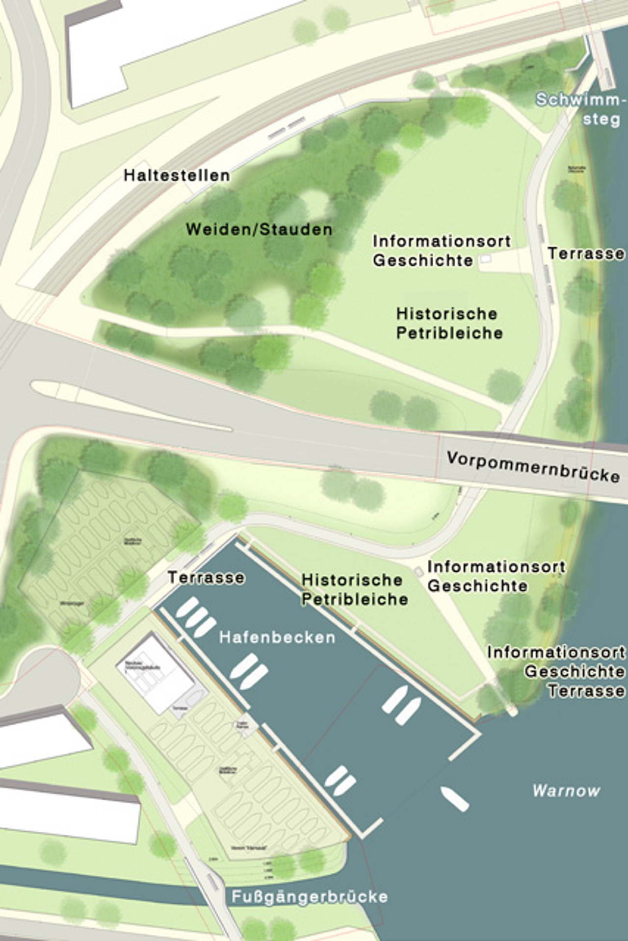Historische Petribleiche - Neugestaltung der Grünfläche an der Unterwarnow links und rechts der Vorpommernbrücke