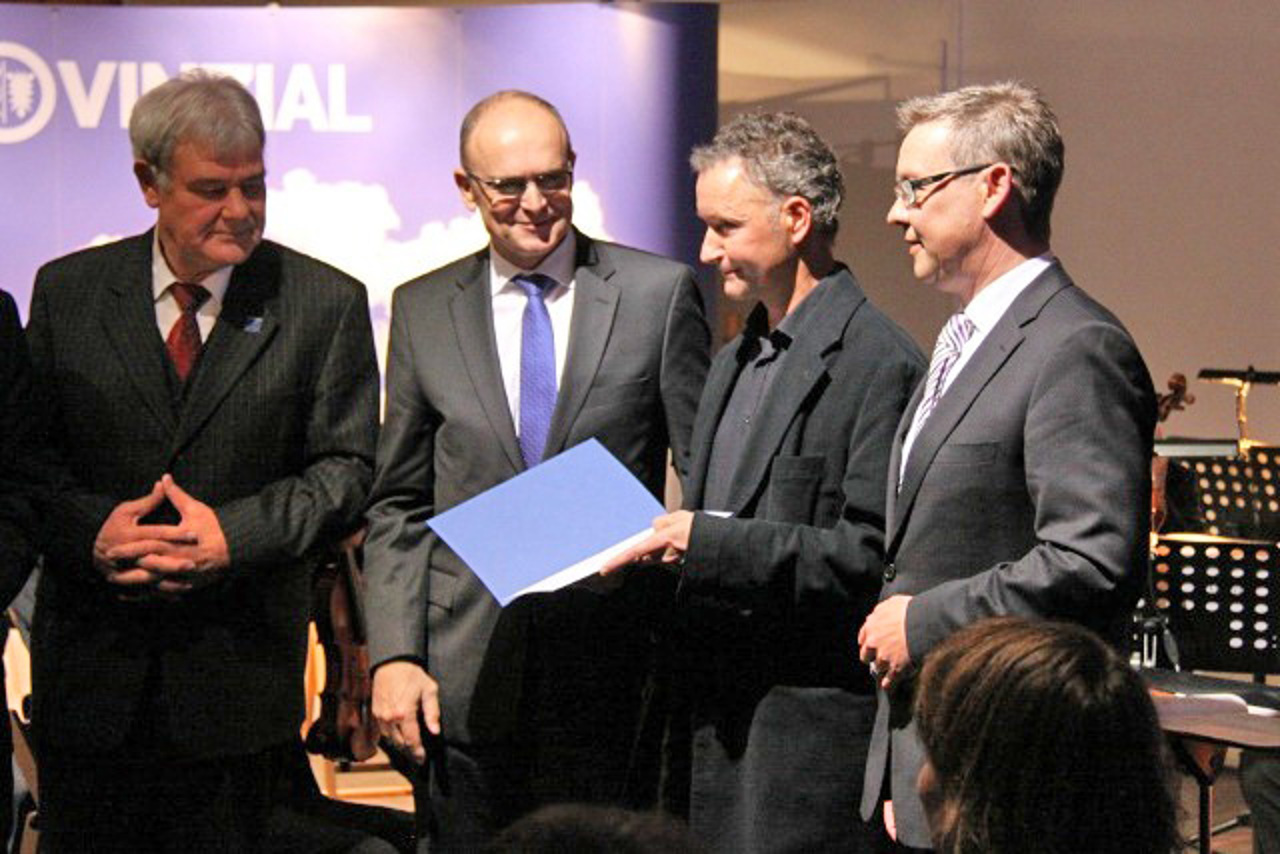Verleihung des Rostocker Kunstpreises 2011: Wolfgang Methling, Erwin Sellering, Dirk Wunderlich und Thomas Kühl