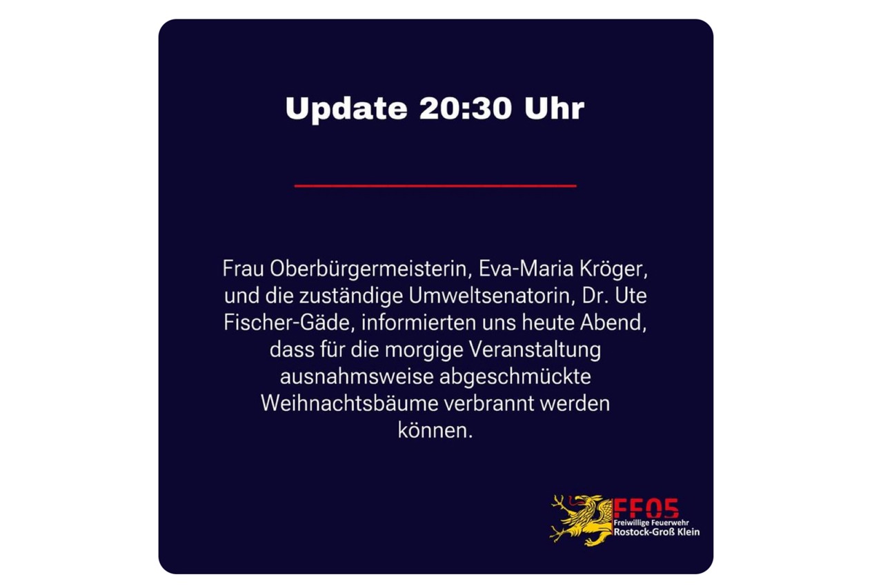 Die FF Groß Klein verkündet die erneute Kehrtwende beim Weihnachtsbaumfeuer (Screenshot, X)