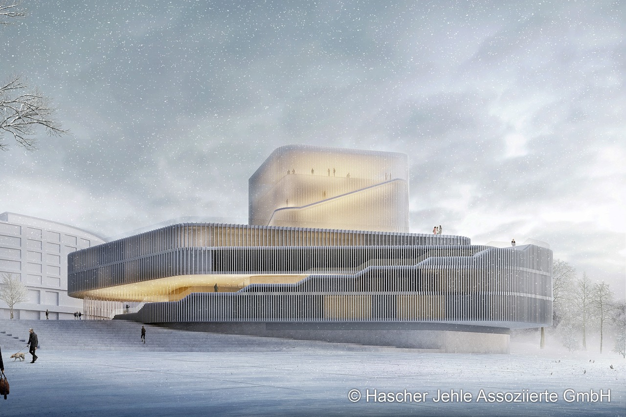 Neubau, Volkstheater Rostock - Ansicht vom Stadthafen (Entwurf: Hascher Jehle Assoziierte GmbH, Berlin)
