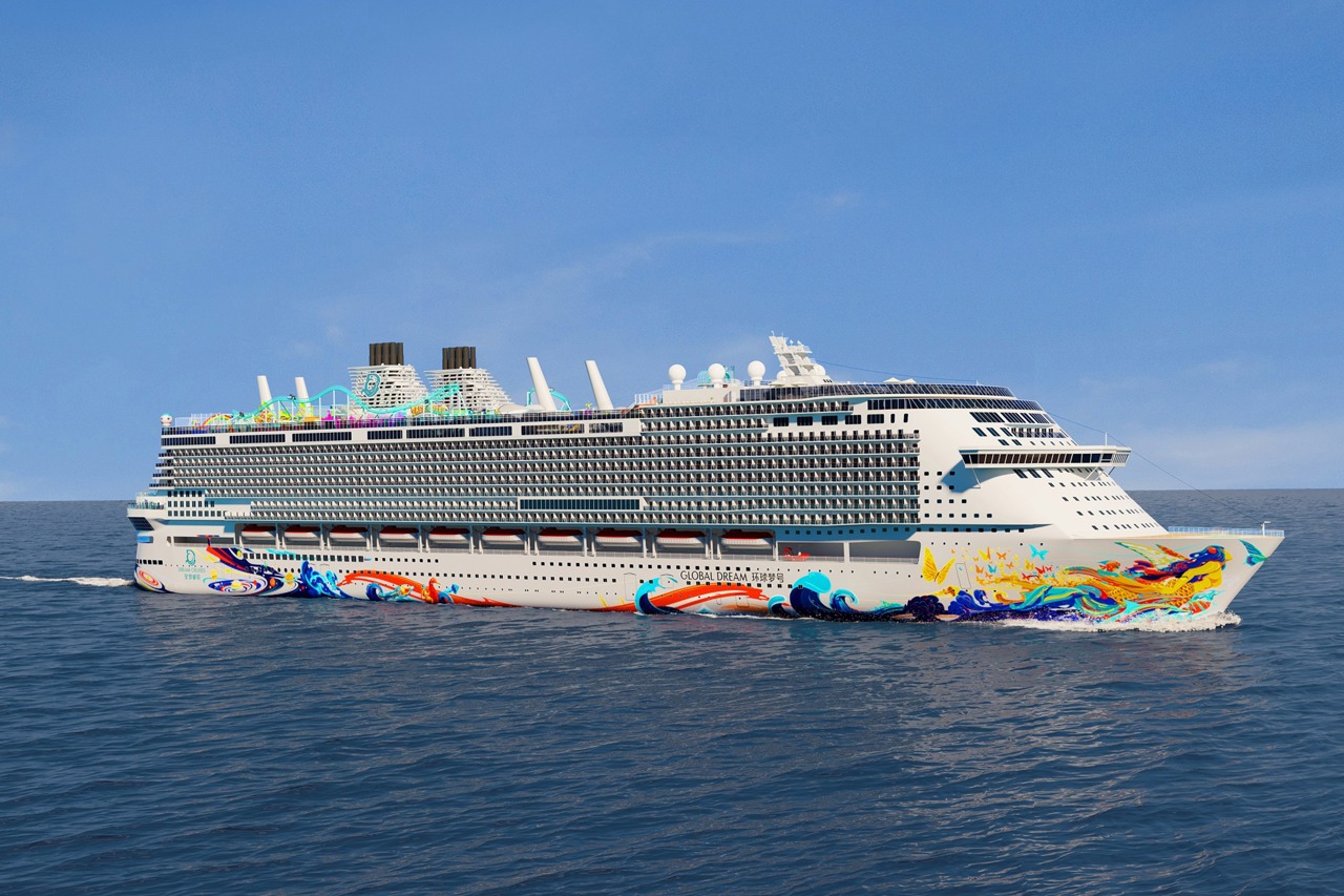Visualisierung der „Global Dream“ mit ihrer finalen Rumpfbemalung (© Dream Cruises)