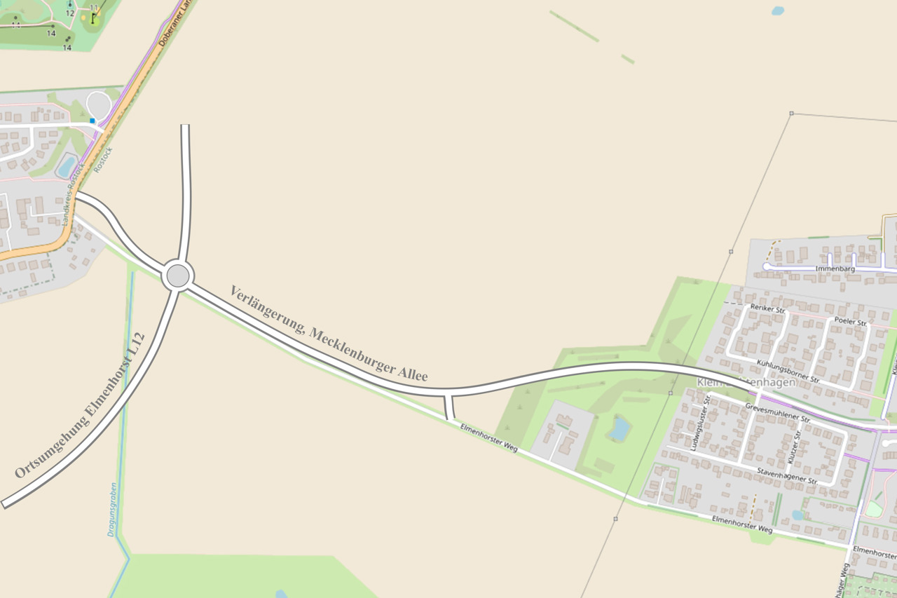 Verlauf der Verlängerung der Mecklenburger Allee von Rostock-Lichtenhagen bis zur Ortsumgehung Elmenhorst (Daten von OpenStreetMap – veröffentlicht unter ODbL)
