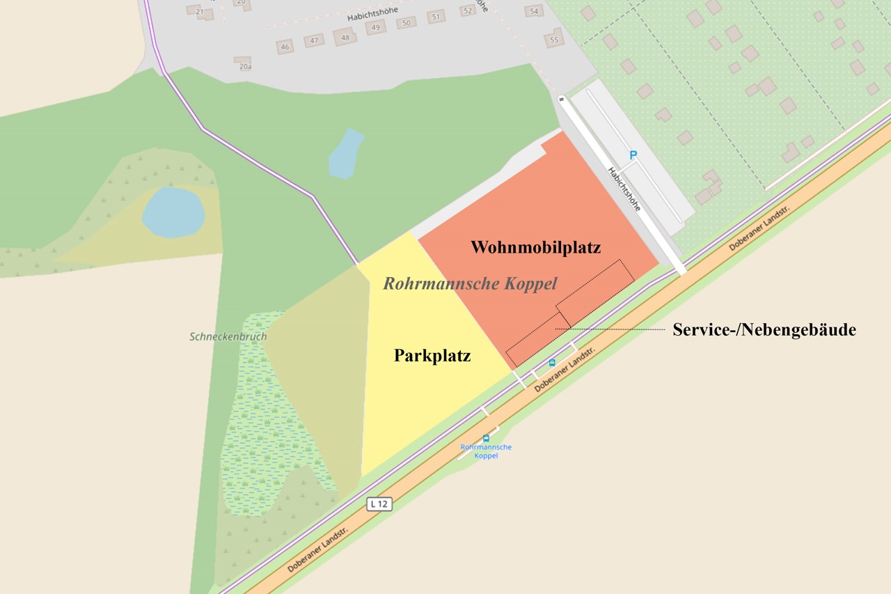 75 Plätze für Wohnmobile und 225 Pkw-Stellplätze soll es künftig am westlichen Ortseingang von Warnemünde geben (Kartendaten von OpenStreetMap – veröffentlicht unter ODbL)