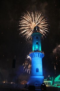 Leuchtturm in Flammen in Warnemünde