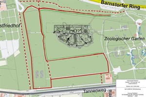 das eingezäunte Darwineum (grün) und die möglichen Laufwege (rot) im Barnstorfer Wald