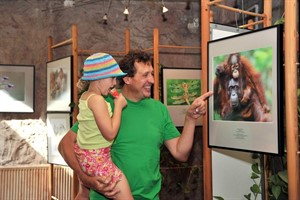 Heinrich Uhrig (53) und Töchterchen Sina (6), Urlauber aus Siegen, gefiel in der Ausstellung „Glanzlichter 2012“ das Bild „Auf Mamas Schultern“ am besten (Orang Utan, Camp Leakey, Tanjung Puting Nationalpark, Borneo, Indonesien von Elmar Weiß aus Deutschland