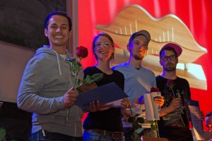 Finalisten der Poetry Slam Landesmeisterschaften MV 2015: Daniel Altmann, Almut Holmer, Carlo Ihde und Diego Hagen