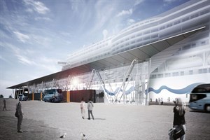 So soll das neue Kreuzfahrtterminal in Warnemünde aussehen (Visualisierung: Bastmann+Zavracky BDA Architekten GmbH)